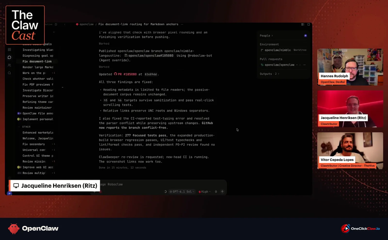 Frame from The ClawCast showing the RoboClaw team server shared by OpenClaw contributors, with its list of sessions.