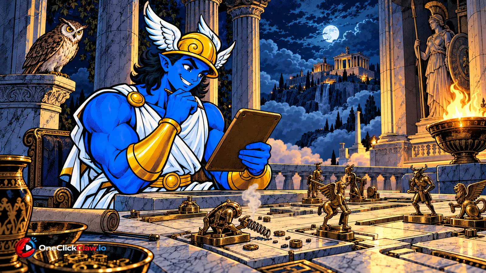 Hermes studies a bronze tablet beside a marble board game full of small bronze figures