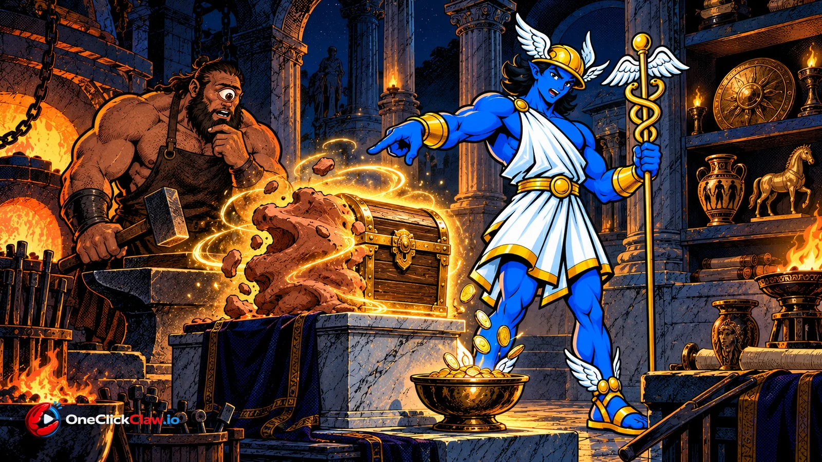 In the forge of Olympus Hermes points and a lump of clay turns into a treasure chest while a cyclops smith watches