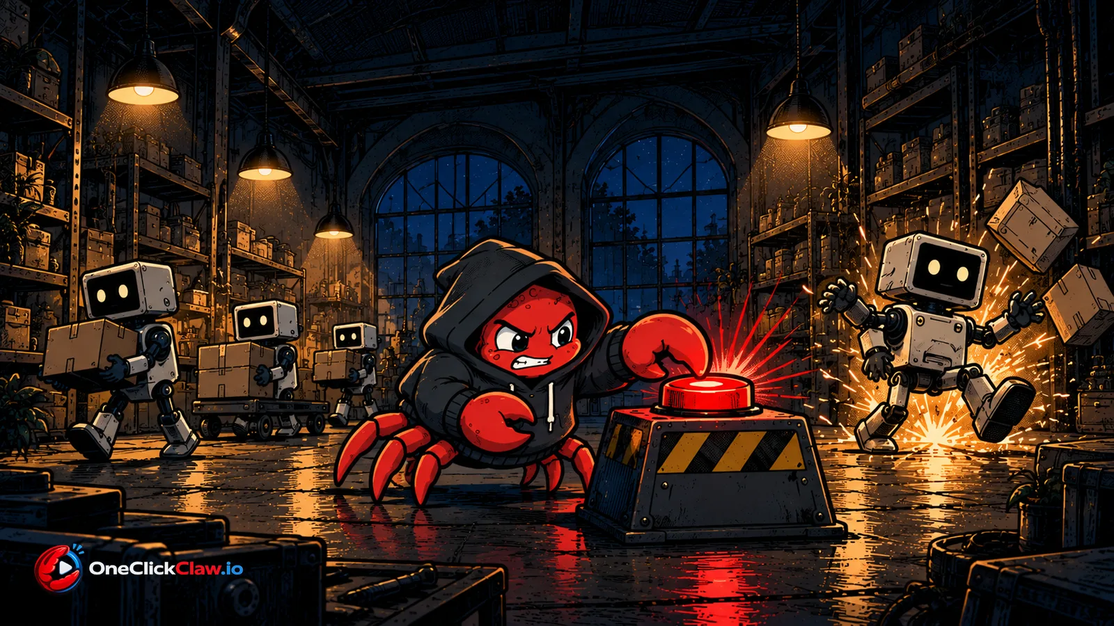 The OpenClaw crab slams a big red stop button and a runaway helper robot freezes mid stride