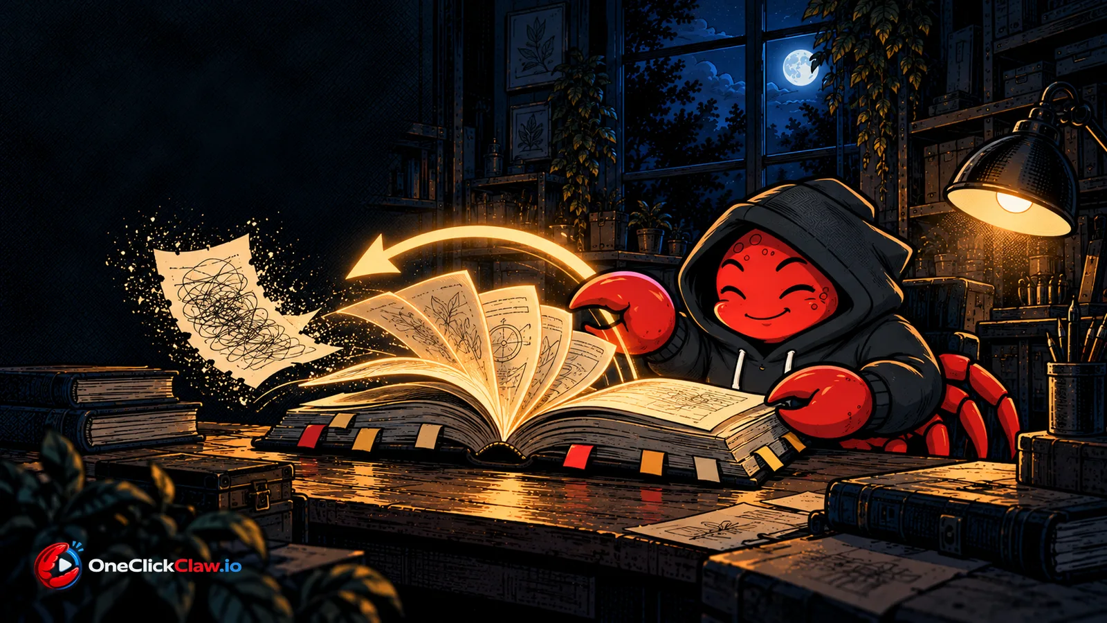 The OpenClaw crab smiles as the pages of a thick recipe book flip back and a scribbled page dissolves