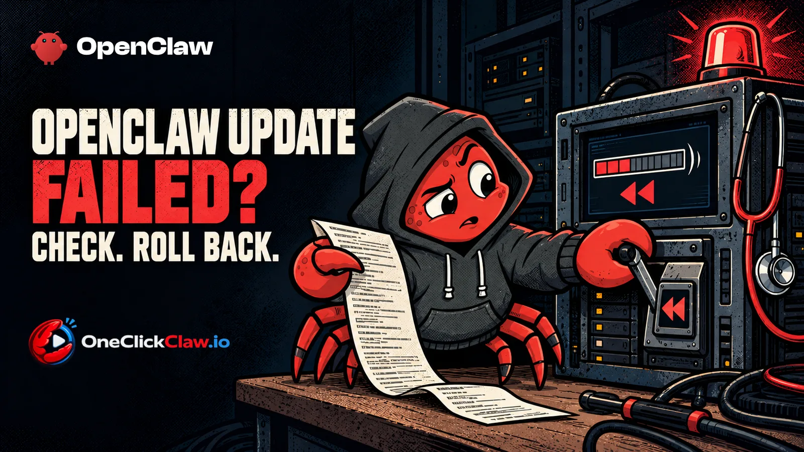 Hooded red crab mascot puzzling over a failed OpenClaw update report while pulling a rollback lever