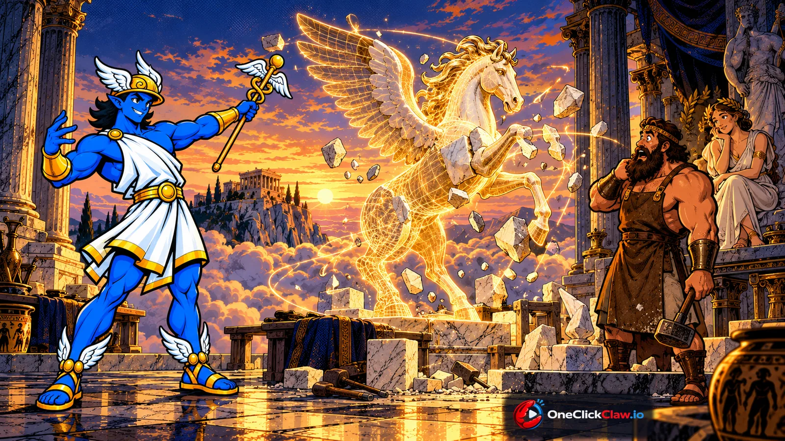 Comic illustration of Hermes shaping a 3D Pegasus while Hephaestus watches from his forge.