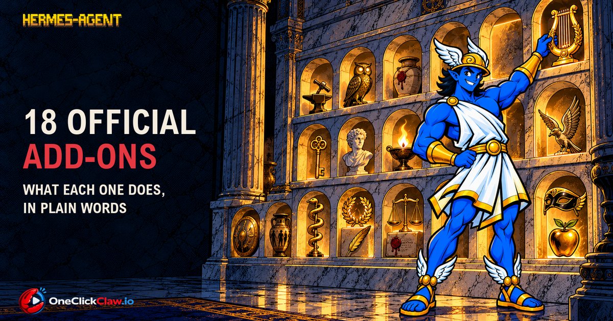 Comic illustration of Hermes placing a lyre into a wall of eighteen niches, under the headline 18 official add-ons, what each one does in plain words.