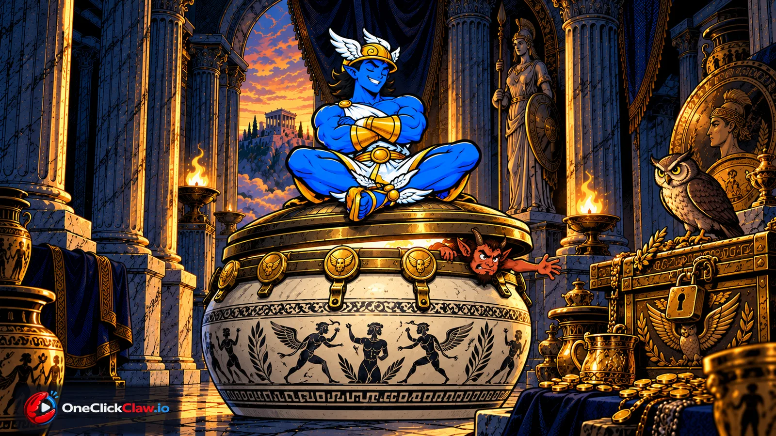 Comic illustration of Hermes sitting on a sealed clay jar, a picture of commands running inside a closed box.
