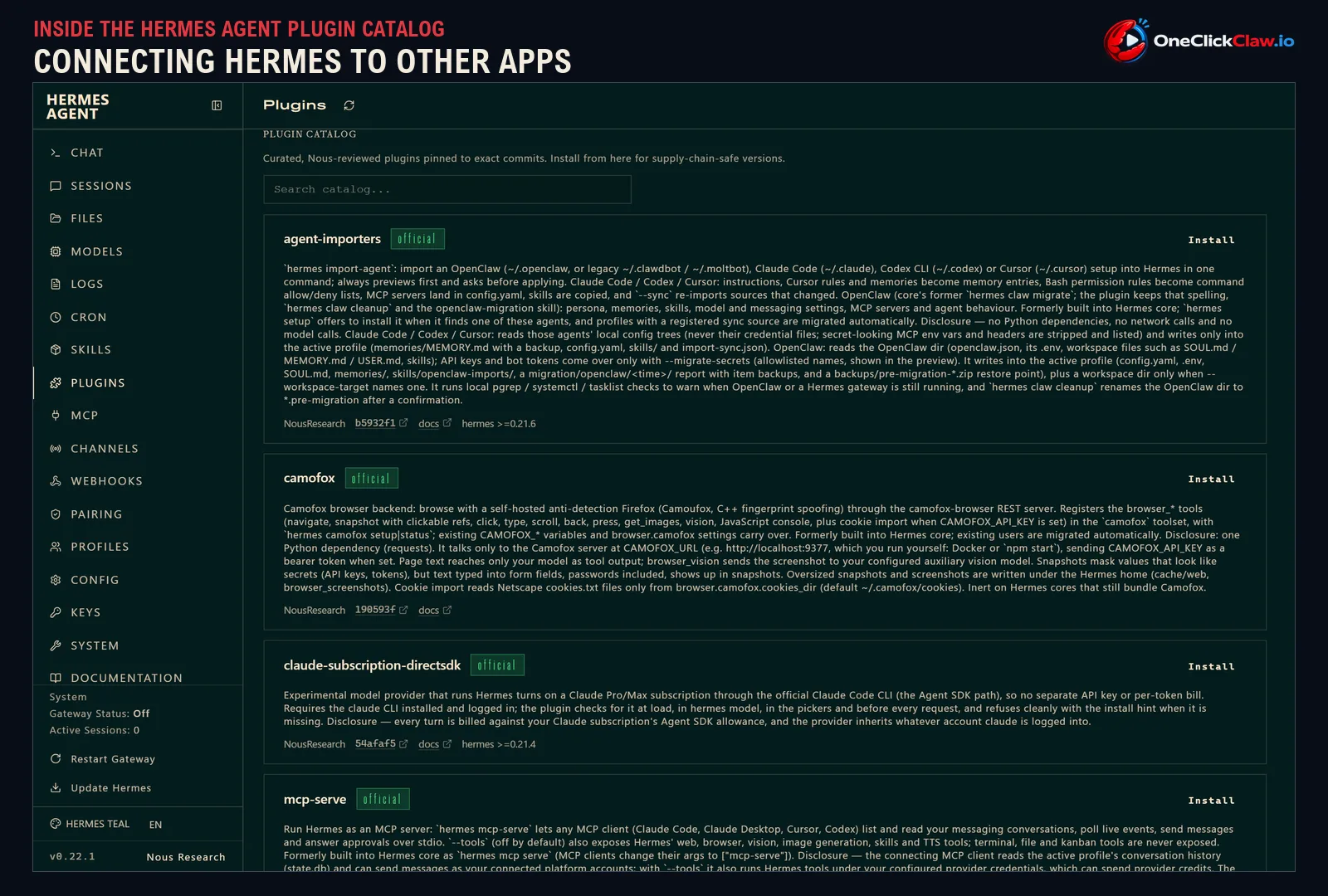 Screenshot of the Hermes Agent plugin catalog showing the official agent-importers, camofox, claude-subscription-directsdk and mcp-serve plugins.