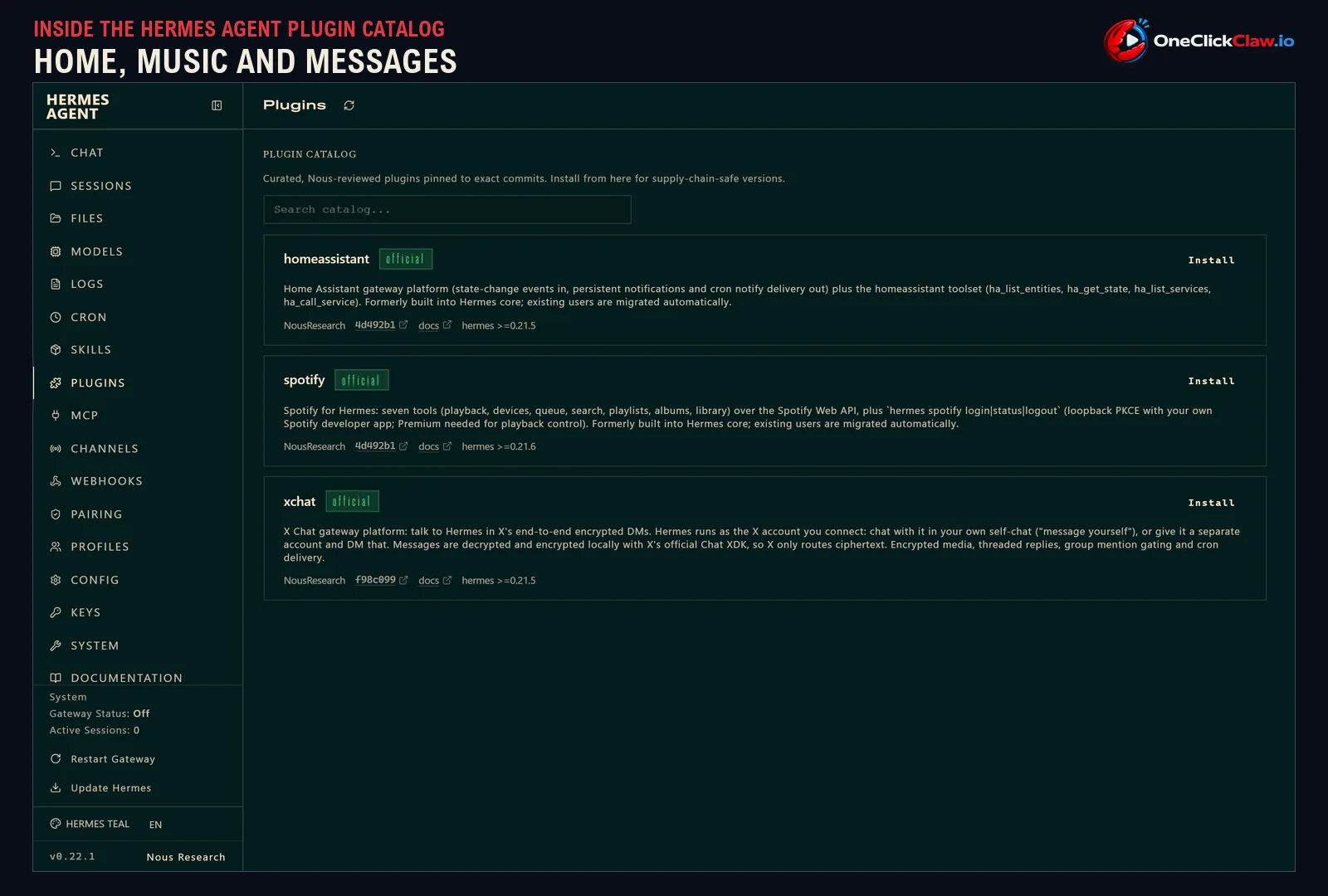 Screenshot of the Hermes Agent plugin catalog showing the official homeassistant, spotify and xchat plugins.