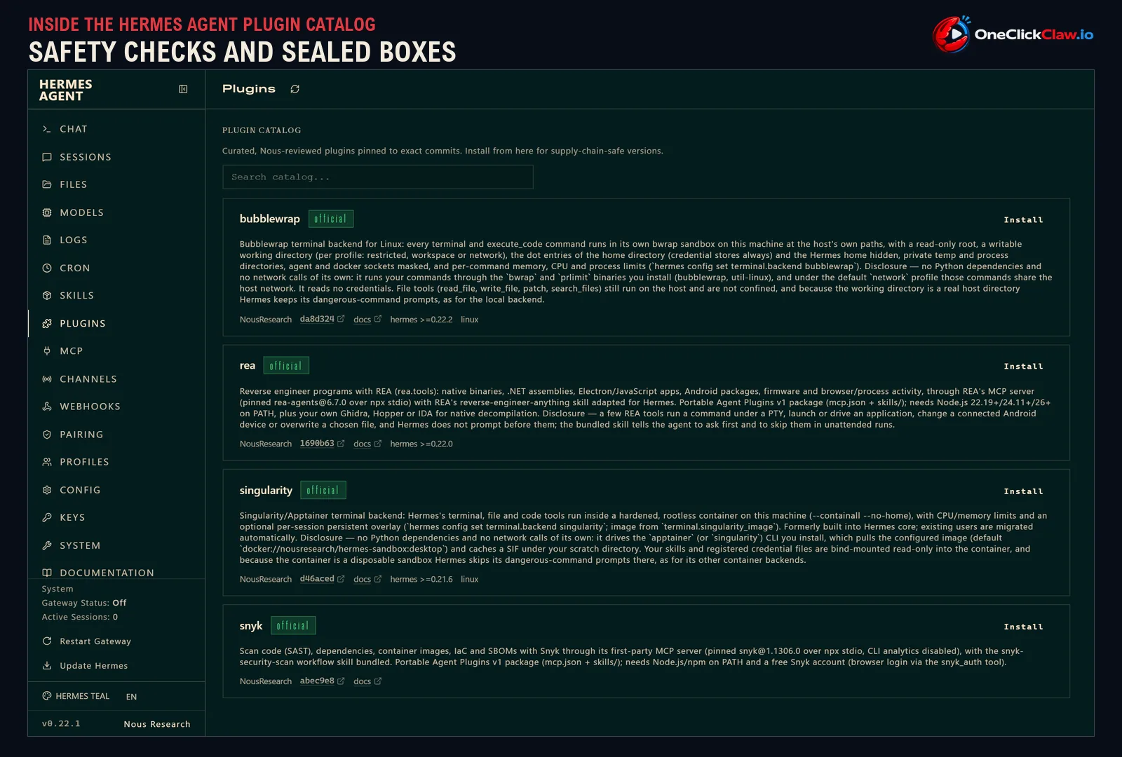 Screenshot of the Hermes Agent plugin catalog showing the official bubblewrap, rea, singularity and snyk plugins.