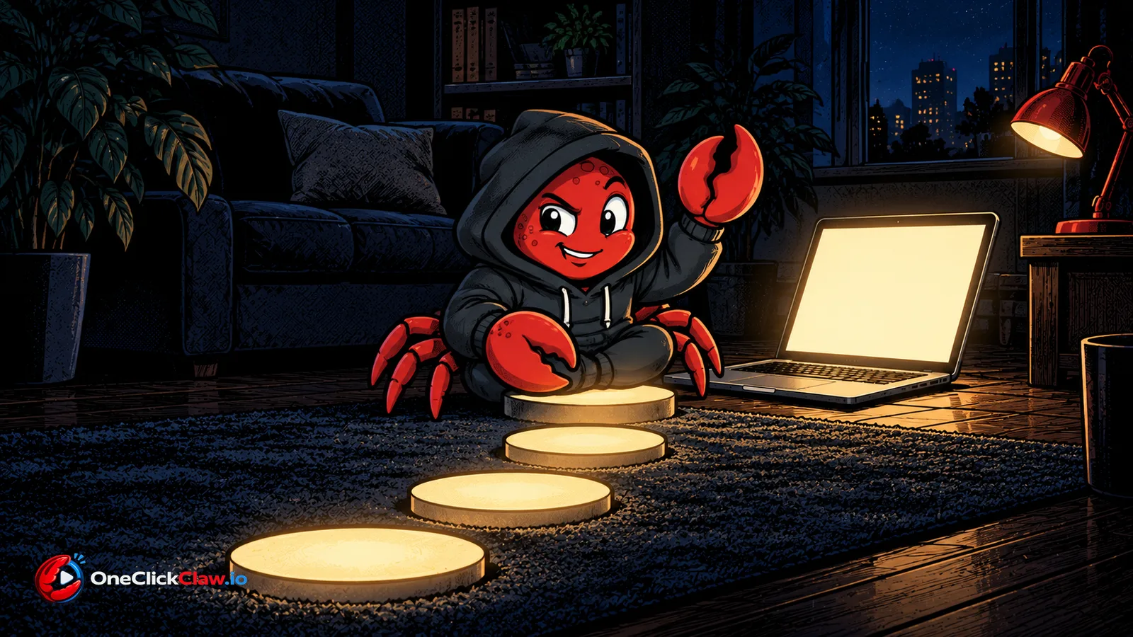 The OpenClaw crab sits beside a new laptop and steps onto a path of glowing stepping stones