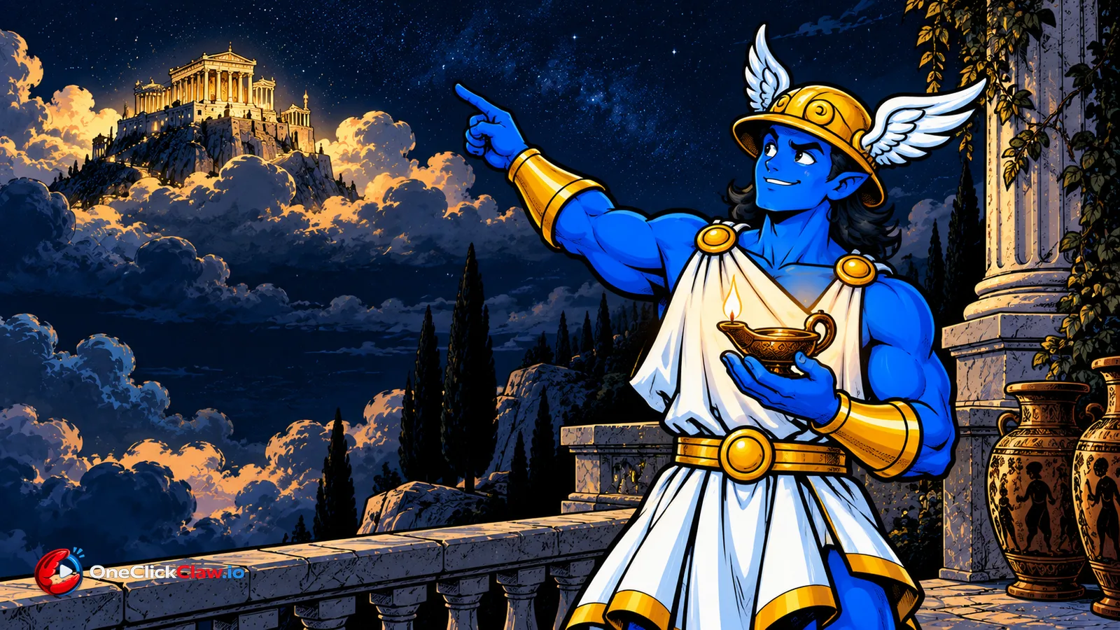 Hermes holds a small oil lamp in one hand and points to a distant temple on the mountain with the other
