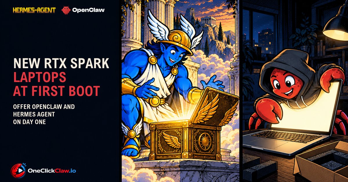 Hermes opens a new winged golden chest on Olympus while the OpenClaw crab leans out over a brand new laptop, under the headline New RTX Spark laptops at first boot
