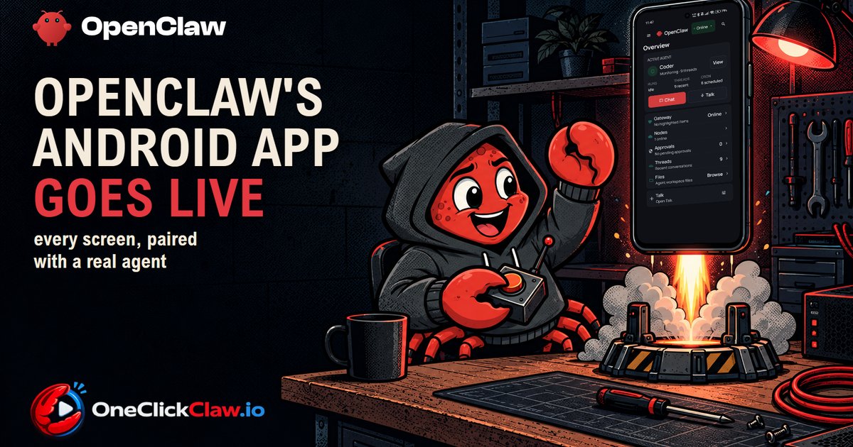 OpenClaw crab mascot launching an Android phone like a rocket, the phone showing the real Overview screen of the OpenClaw app