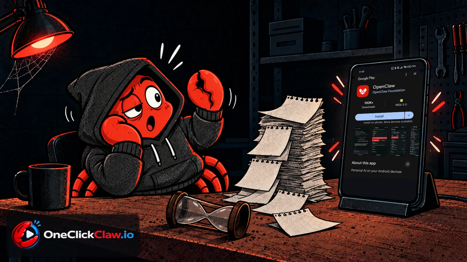 Groggy OpenClaw crab mascot waking up after days of waiting while the phone shows the OpenClaw app page on Google Play