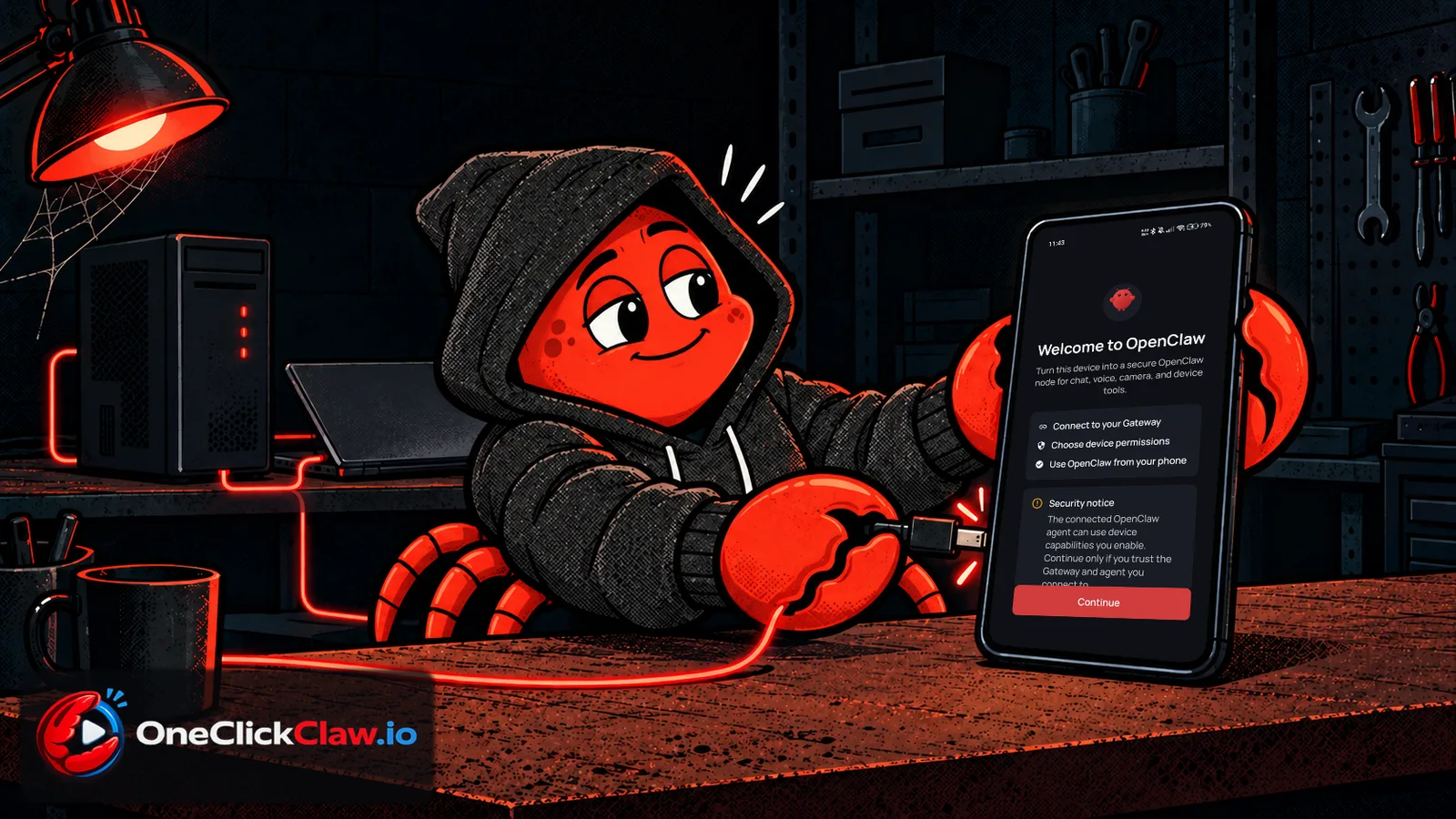 OpenClaw crab mascot proudly connecting an Android phone to his home computer, the phone showing the OpenClaw app welcome screen