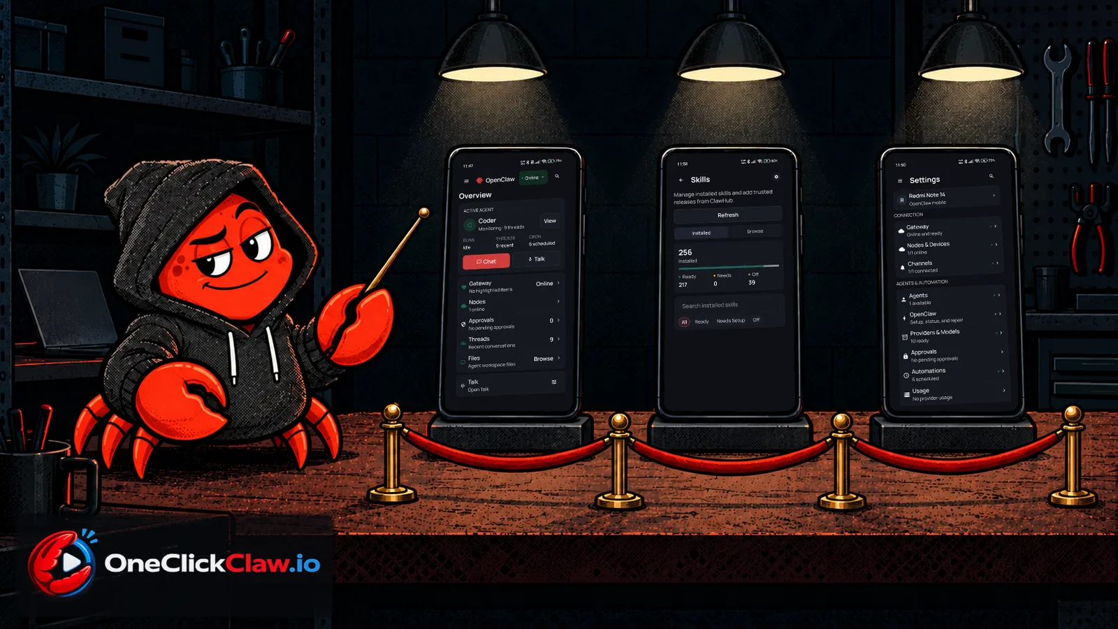OpenClaw crab mascot as a museum guide presenting three phones with the real Overview, Skills and Settings screens of the OpenClaw app