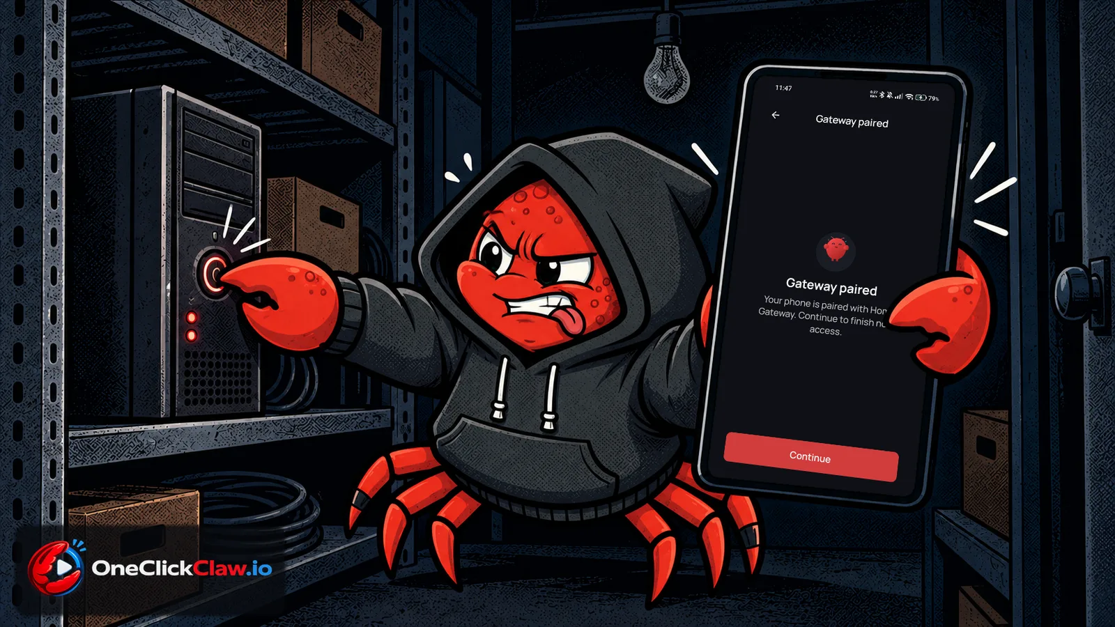 Determined OpenClaw crab mascot pressing a computer power button while the phone shows Gateway paired