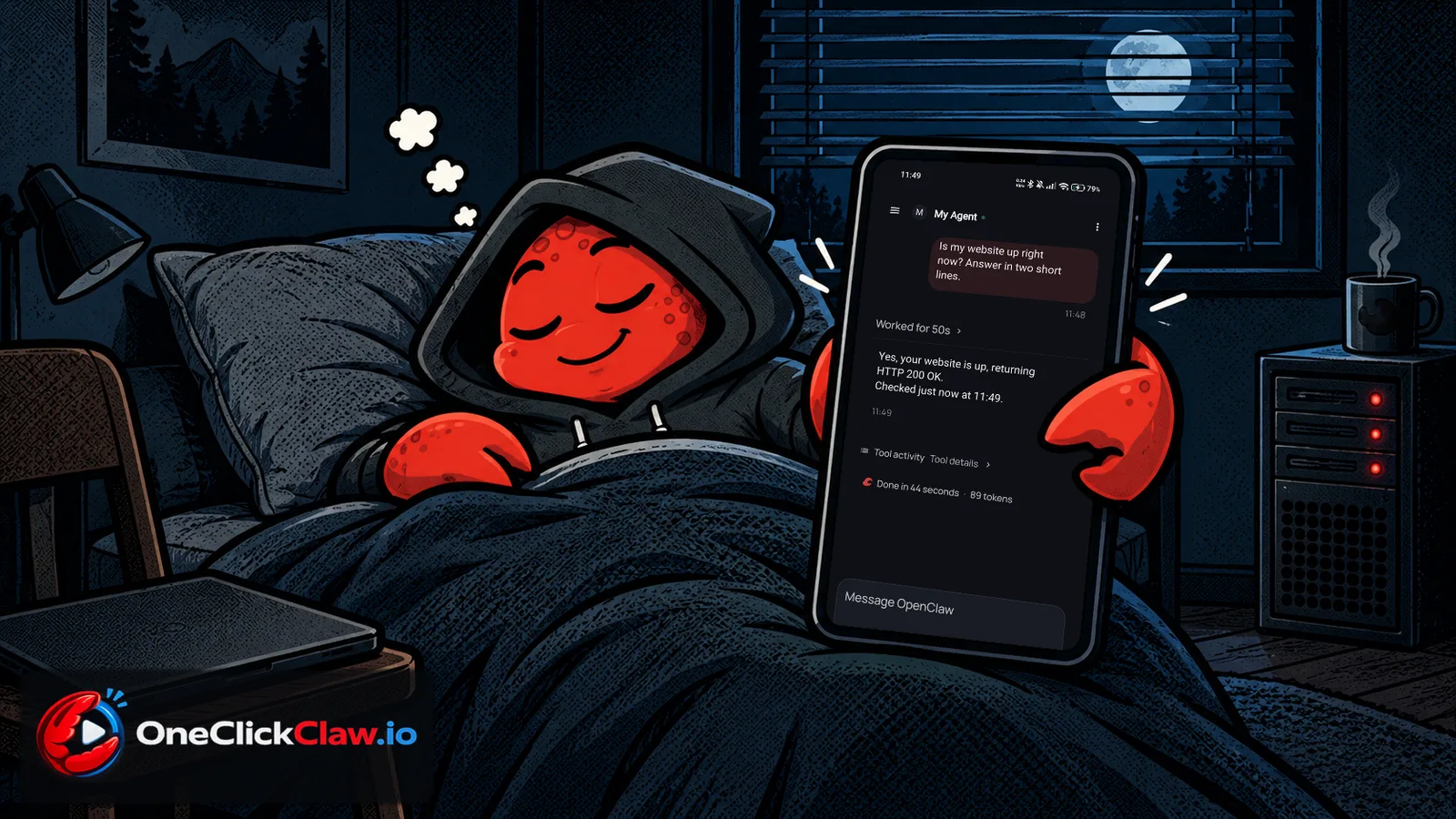 OpenClaw crab mascot asleep at night while a home server stays on and the phone shows the agent answer