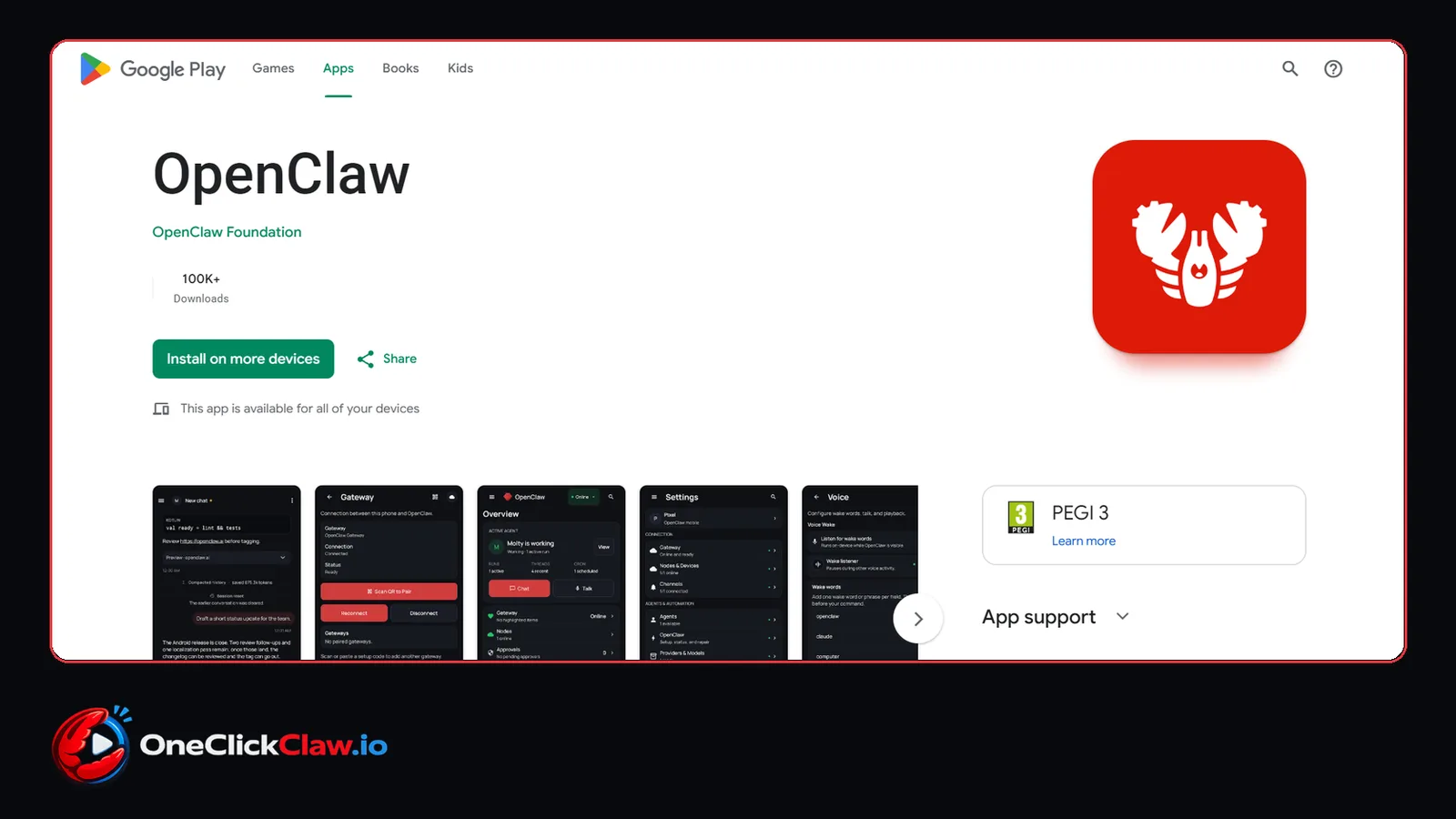 The OpenClaw app page on Google Play: OpenClaw Foundation, more than 100,000 downloads, PEGI 3