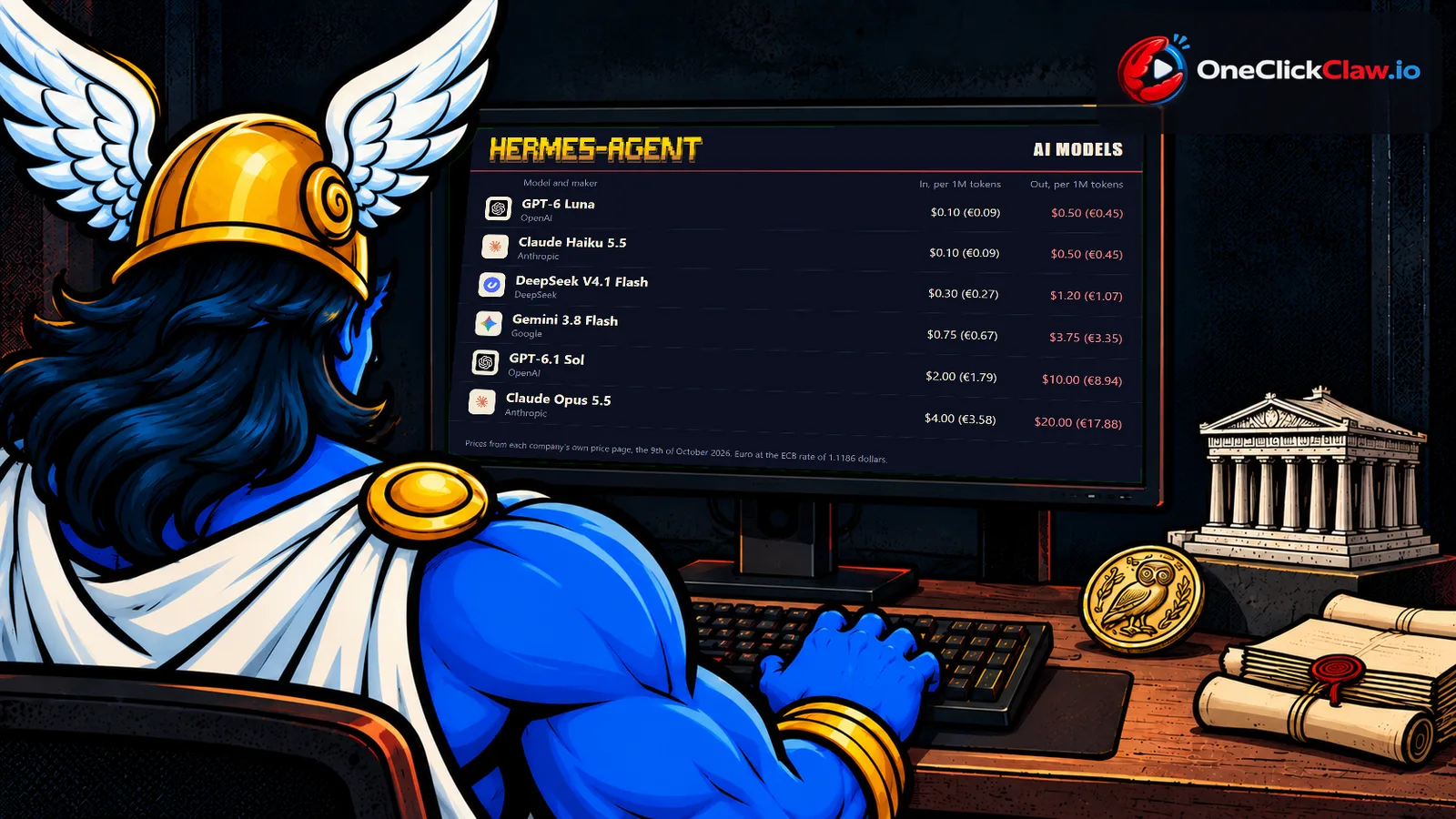 Hermes at his desk with a mini Parthenon and an owl coin, reading a list of AI models and their prices on his screen