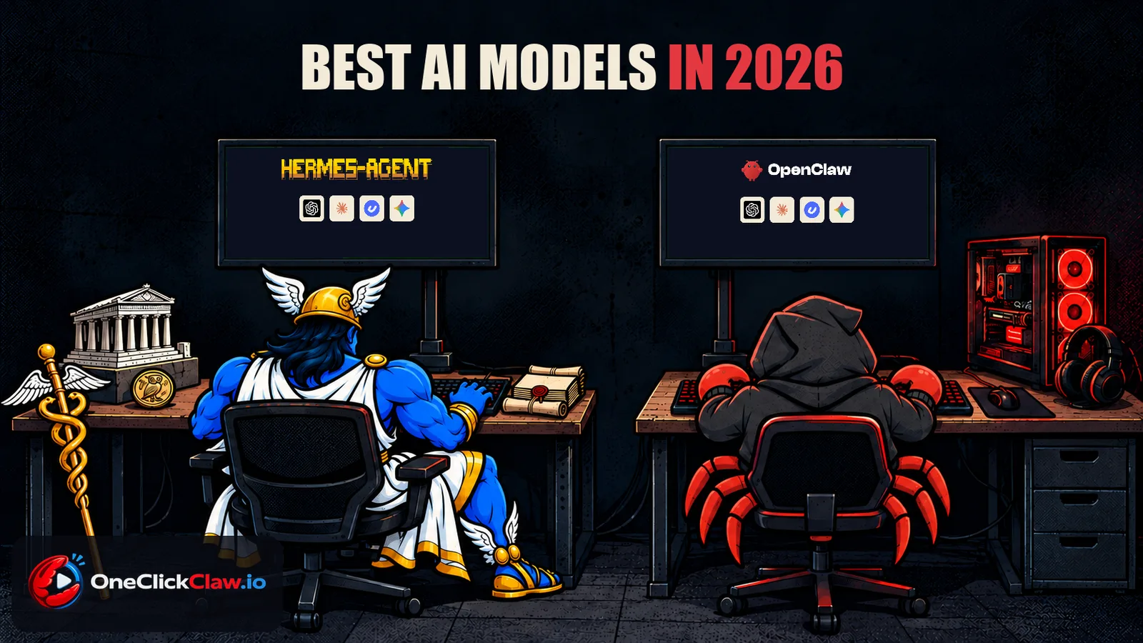 Hermes and the OpenClaw crab seen from behind at a LAN party, each at a desk with AI model logos on his screen
