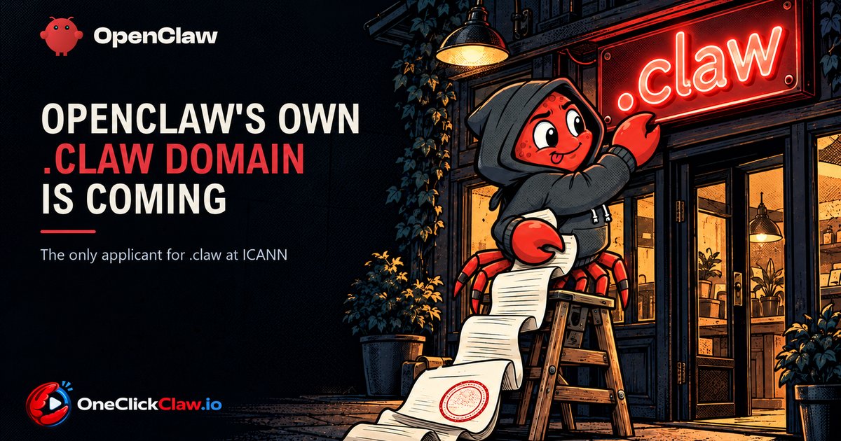 Comic illustration: the OpenClaw crab mascot on a ladder fixing a glowing .claw sign above a shop door, with the headline OpenClaw's own .claw domain is coming