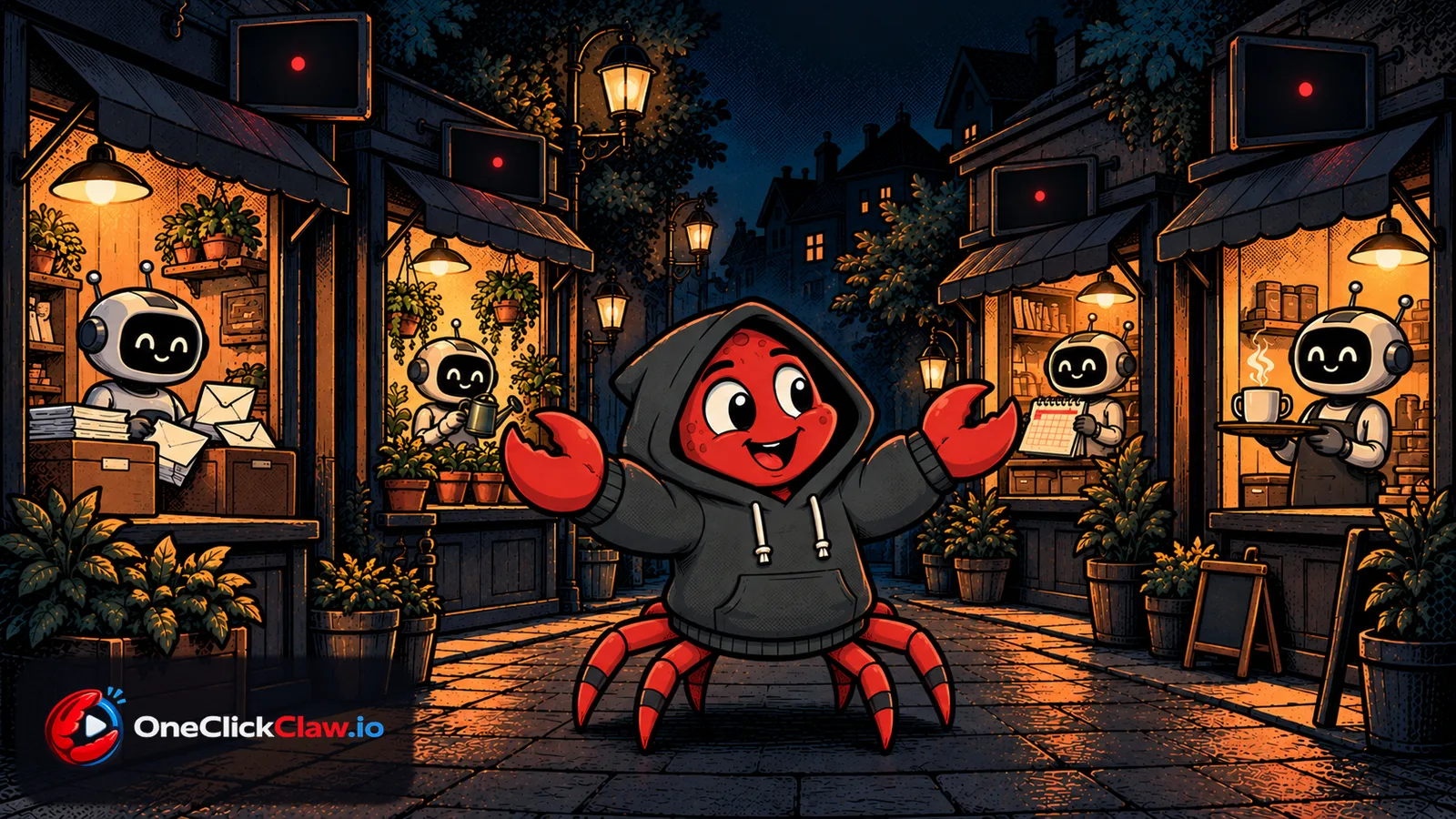 Comic illustration: the OpenClaw crab mascot welcoming the viewer to a street of small shops, each run by a friendly robot helper