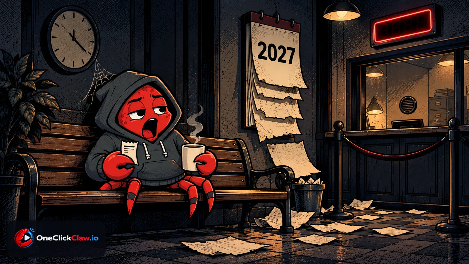 Comic illustration: the OpenClaw crab mascot yawning on a waiting room bench with a queue ticket and a coffee, under a calendar showing 2027