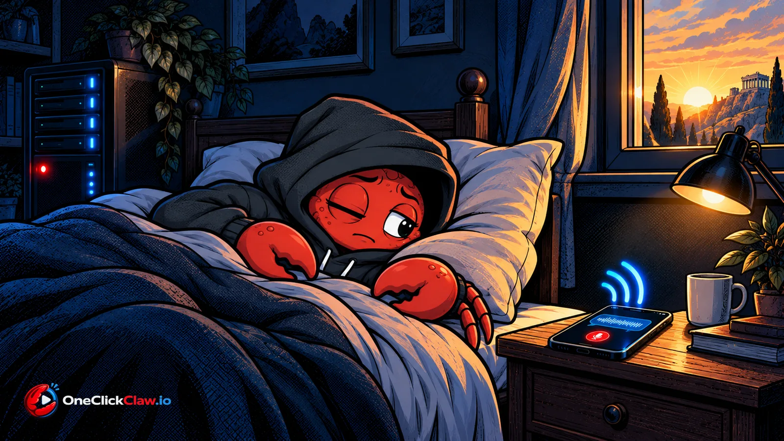 The sleepy OpenClaw crab in bed at dawn while a phone lying on the bedside table plays a spoken morning summary