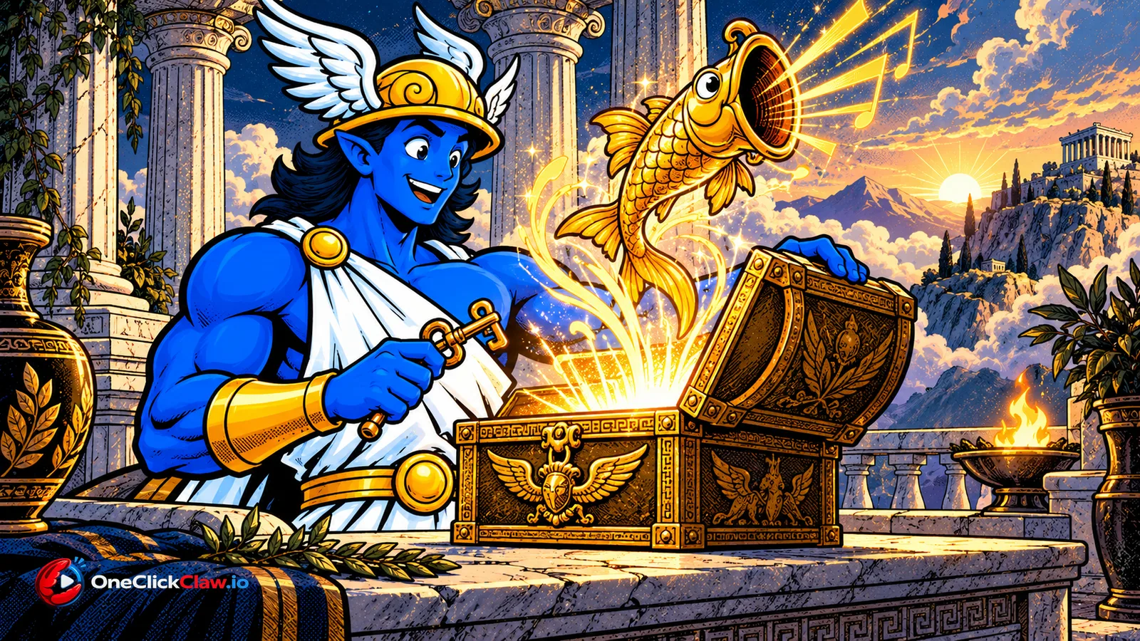 Hermes opens a golden chest on Olympus with a bronze key and a singing golden fish leaps out