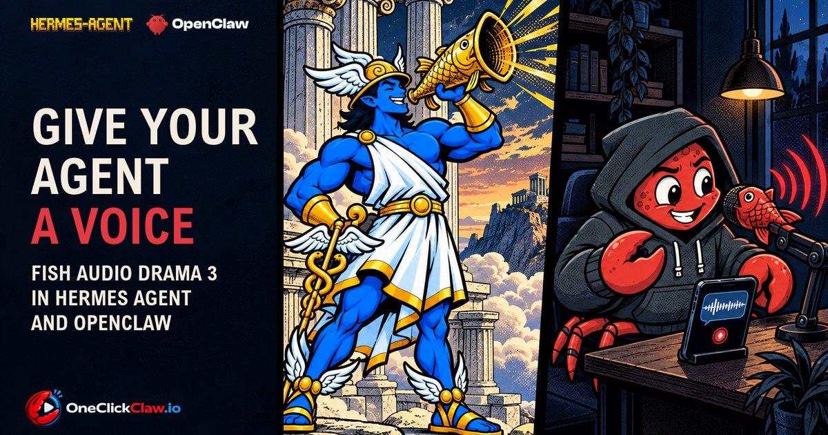 Hermes sings into a golden fish trumpet on Olympus while the OpenClaw crab talks into a fish microphone, under the headline Give your agent a voice