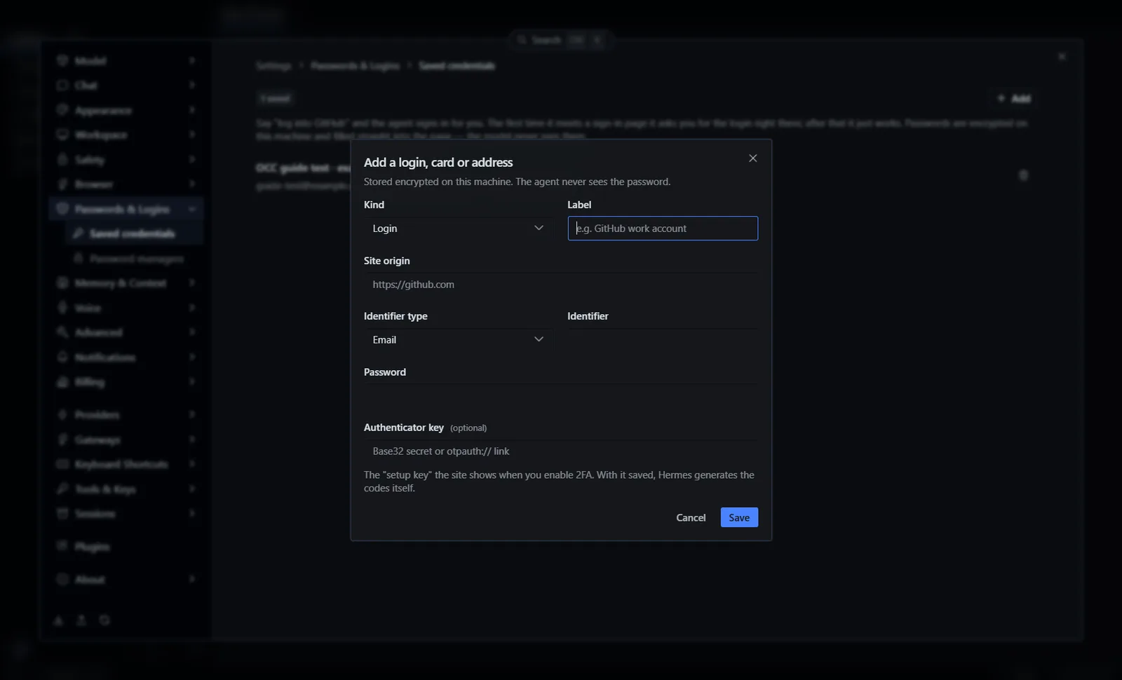 Hermes Desktop form Add a login, card or address, with fields for kind, label, site origin, identifier, password and an optional authenticator key.