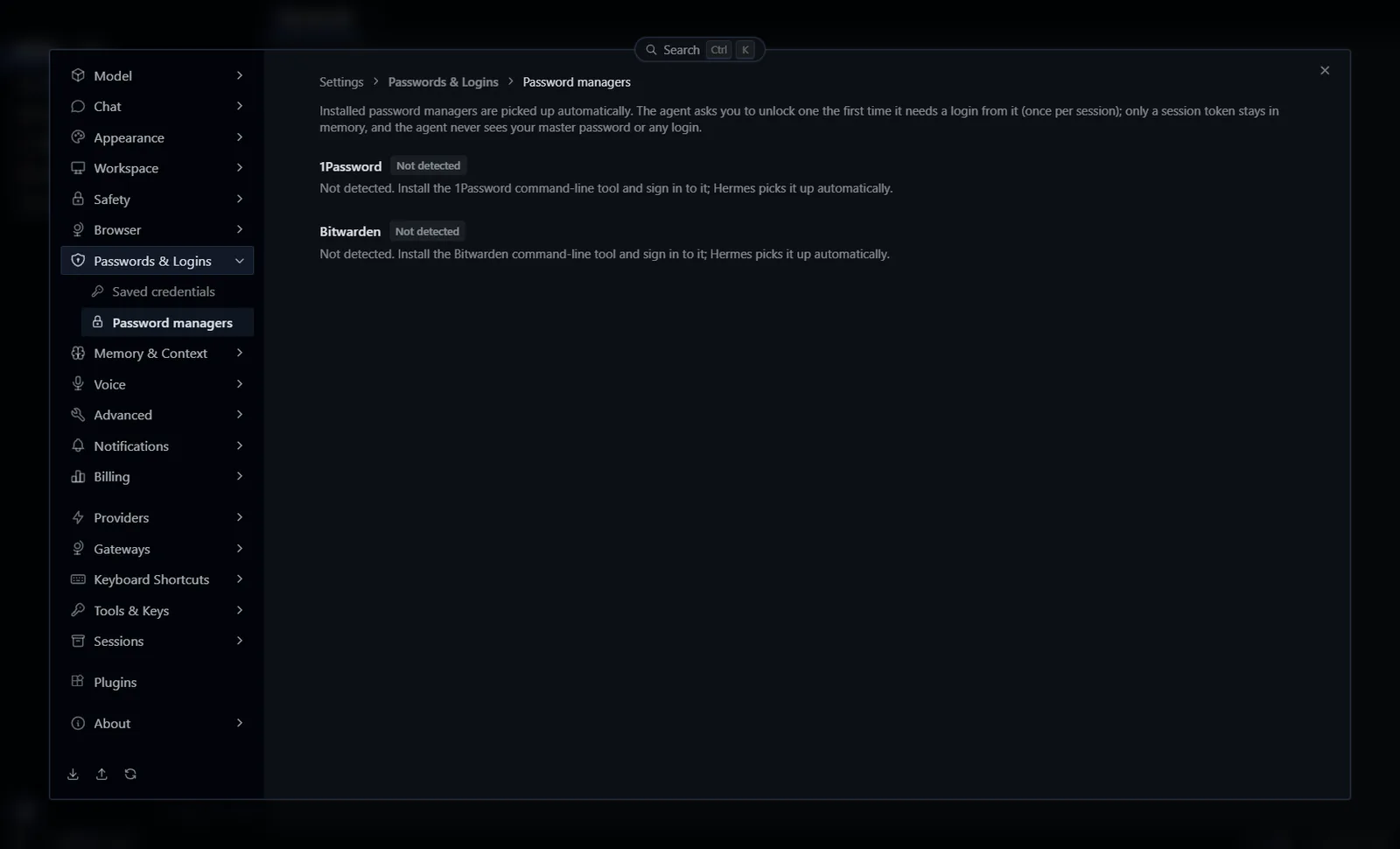 Hermes Desktop Password managers page listing 1Password and Bitwarden, both marked Not detected.