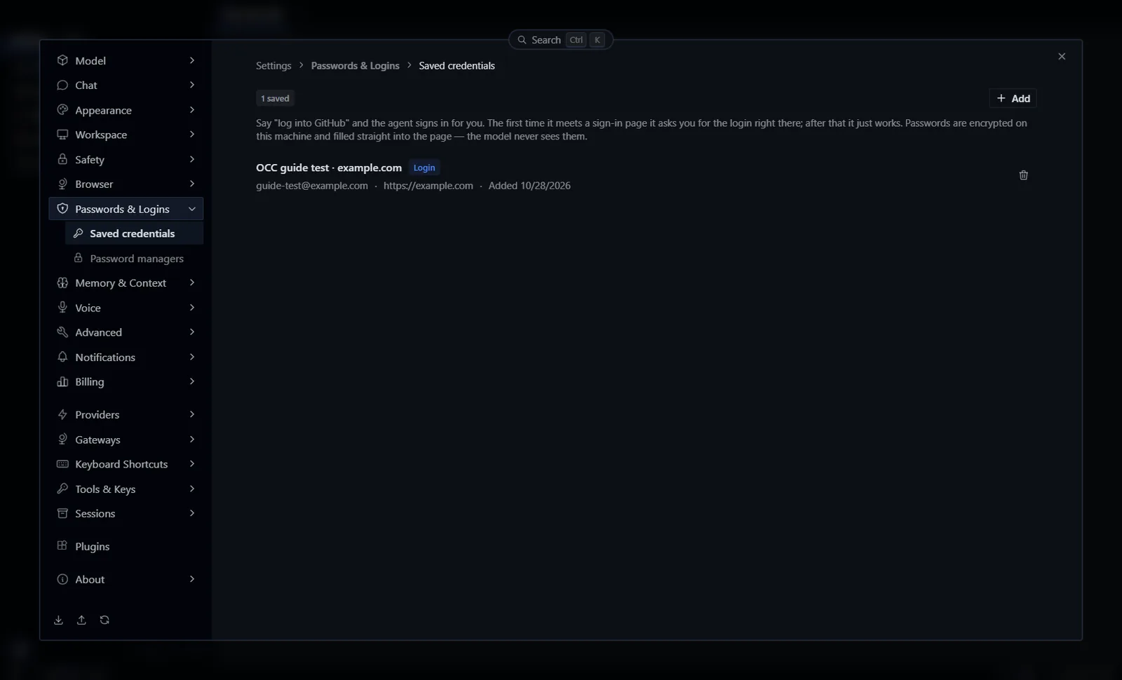 Hermes Desktop settings, Passwords & Logins, Saved credentials page with one saved test login for example.com and an Add button.