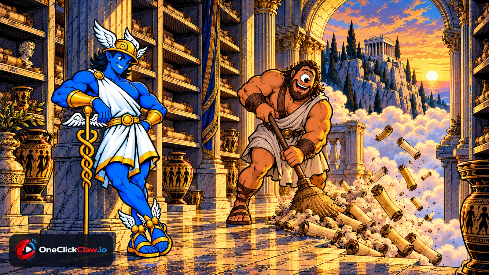 A friendly Cyclops sweeps old scrolls out of the Olympus archive while Hermes leans on a column and watches