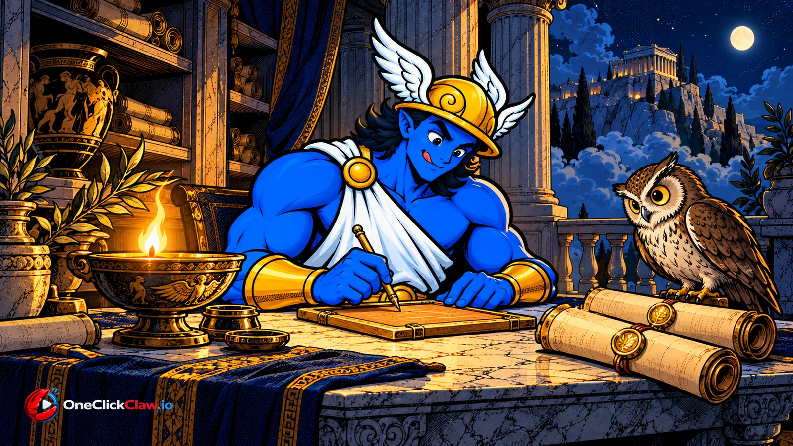 Hermes copies an important scroll onto a wax tablet by lamplight beside two sealed scrolls and Athena's owl