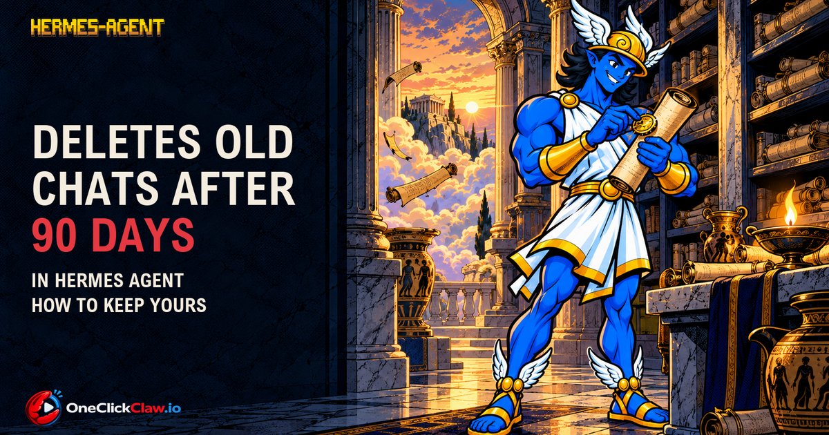 Hermes in a marble archive on Olympus presses a gold seal onto a scroll he keeps while old scrolls drift away, under the headline Deletes old chats after 90 days