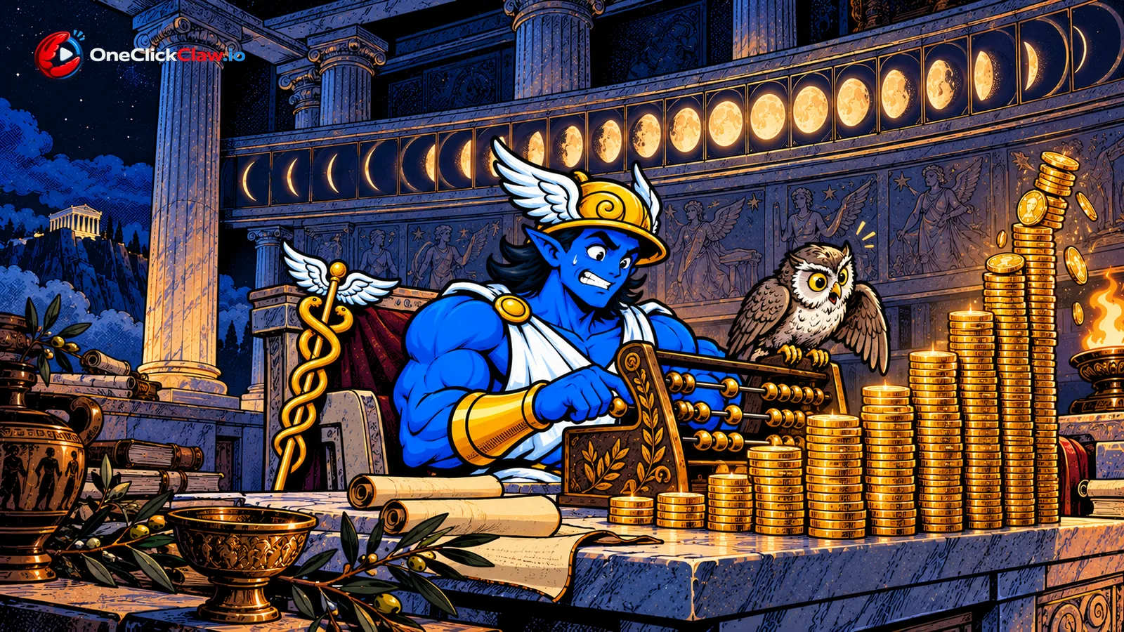 Hermes counts on an abacus under a frieze of moon phases while stacks of gold coins grow taller beside him