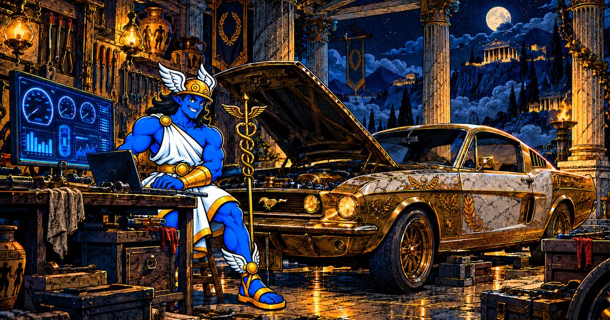 Comic illustration of the Hermes Agent mascot at a workbench with a laptop and live gauges, beside a gold 2005 Ford Mustang with its hood open.