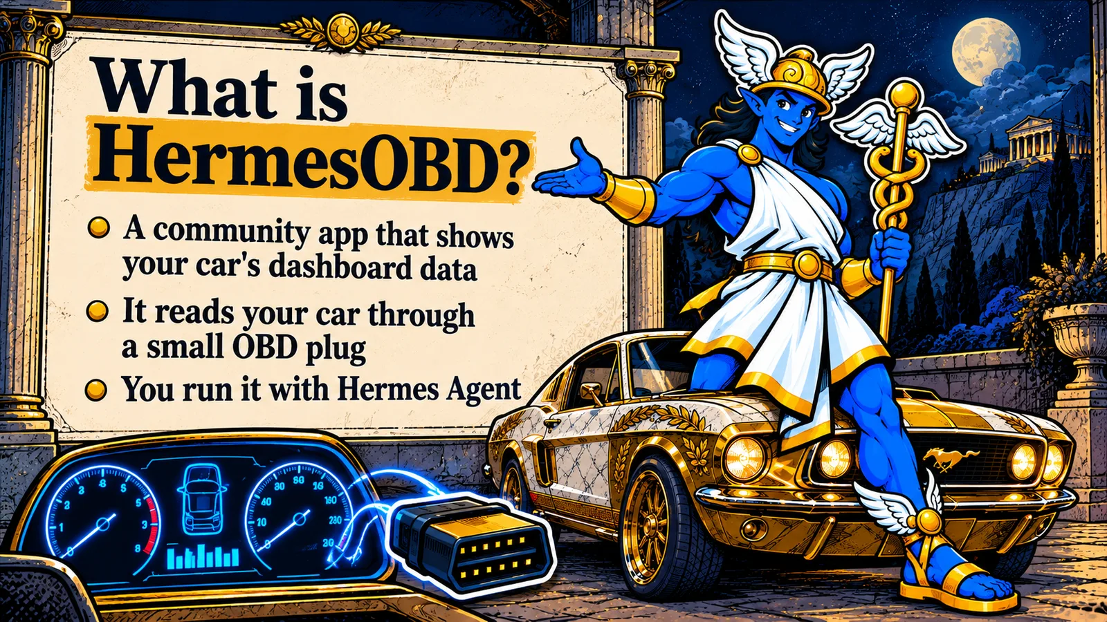 Explainer slide What is HermesOBD: a community app that shows your car's dashboard data, reads the car through a small OBD plug, and runs with Hermes Agent.