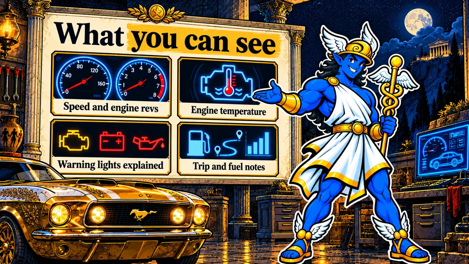 Explainer slide What you can see: speed and engine revs, engine temperature, warning lights explained, trip and fuel notes.