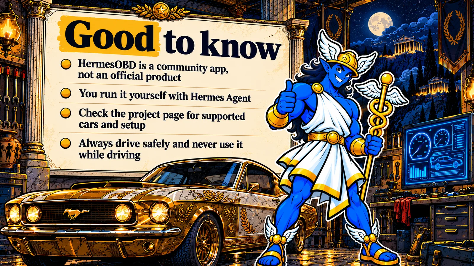 Explainer slide Good to know: HermesOBD is a community app, not an official product; you run it yourself with Hermes Agent; check the project page for supported cars; never use it while driving.
