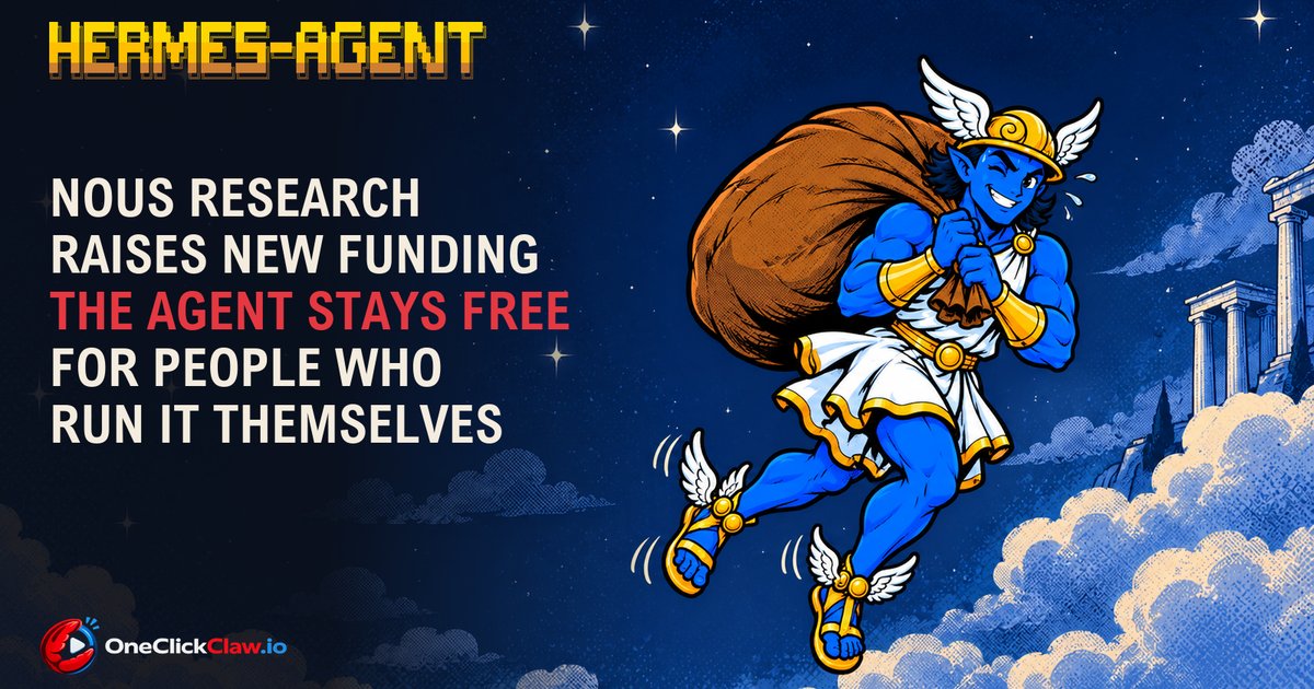 Hermes, the Hermes Agent mascot, flies over Mount Olympus carrying a huge closed money sack and winks