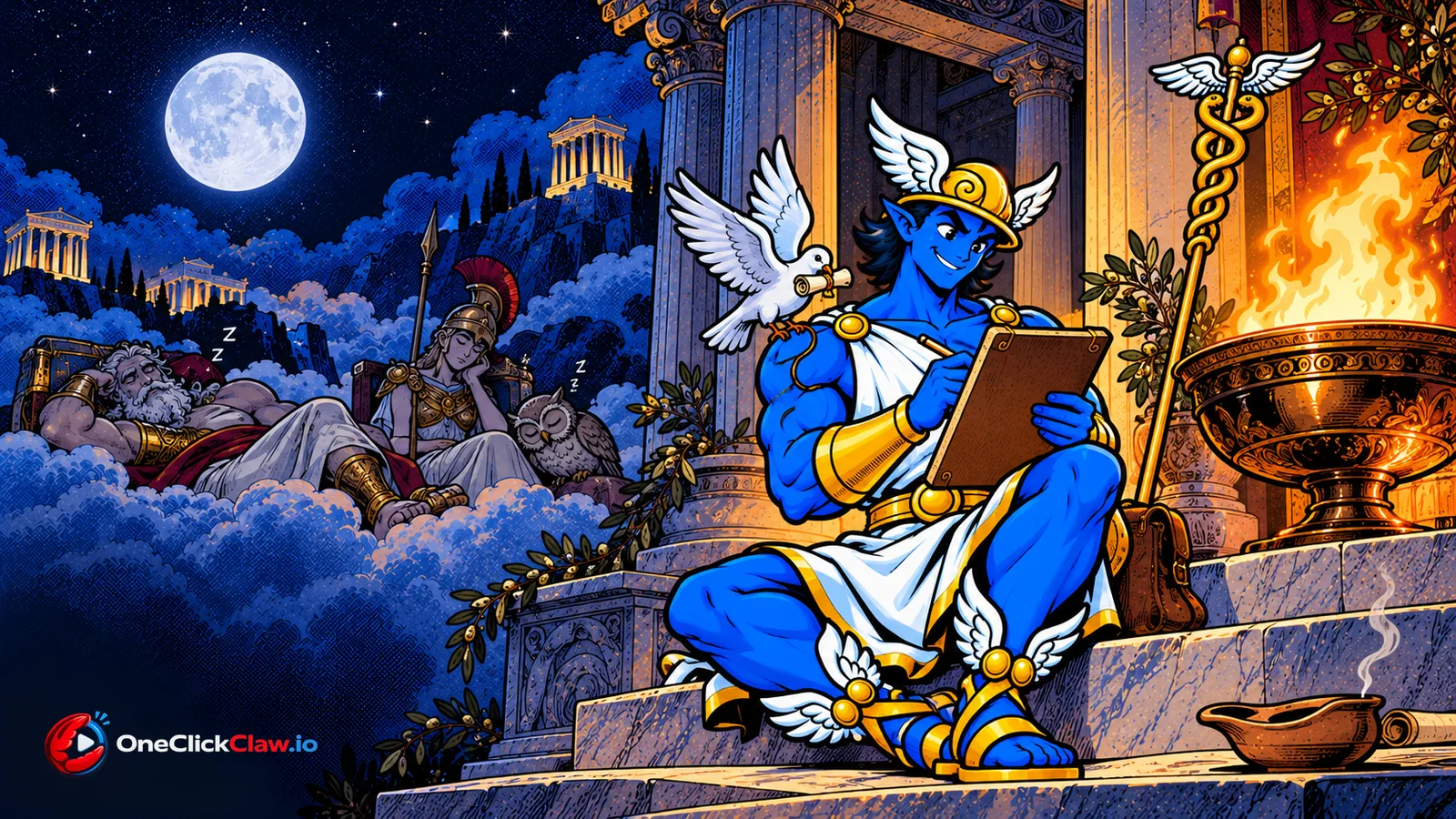The gods sleep on the clouds while Hermes stays awake beside the hearth fire of Hestia and answers a message brought by a dove