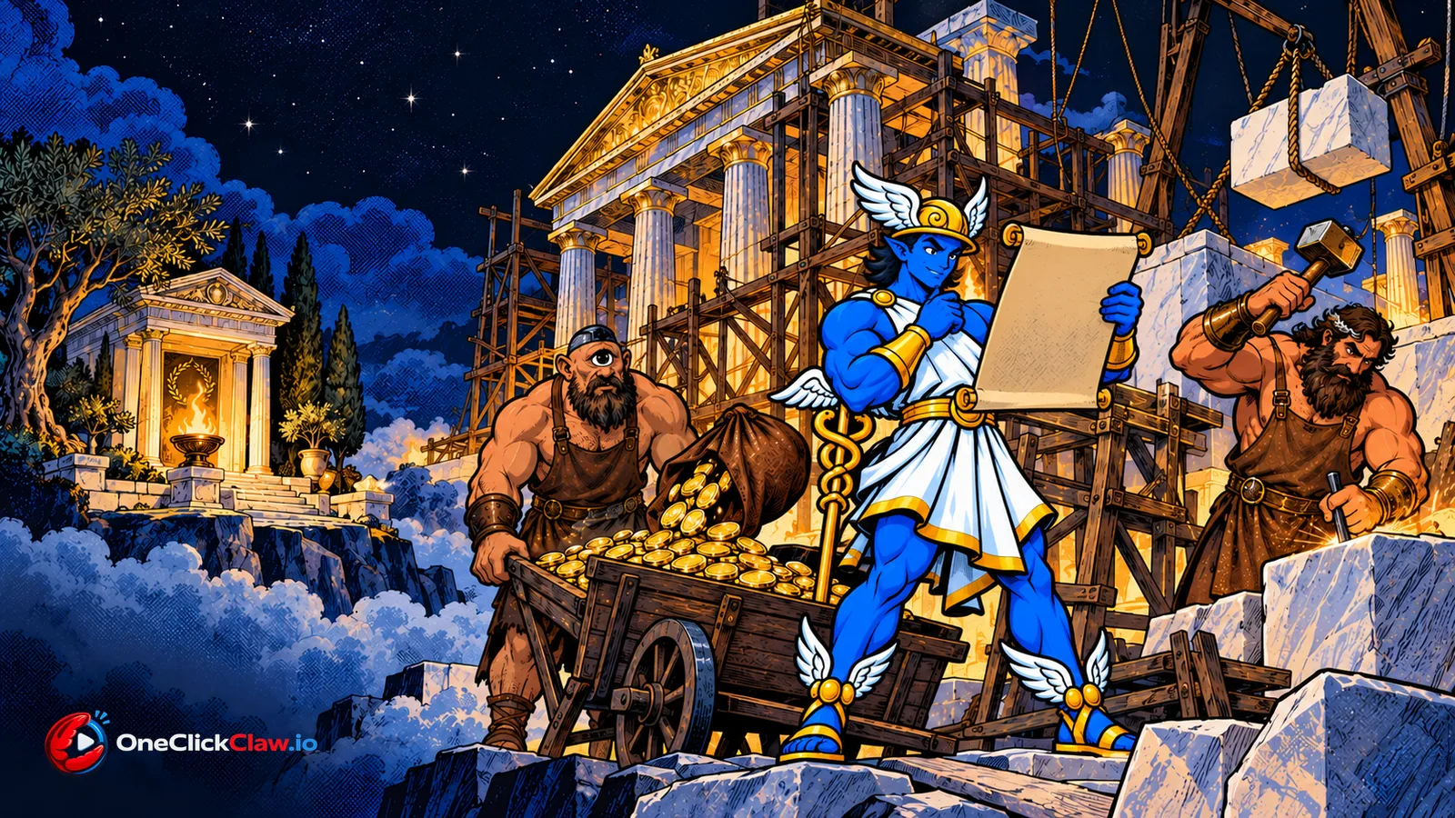 Hephaestus and a Cyclops build a large new temple from gold while Hermes reads the plan, a small open shrine stands untouched behind them