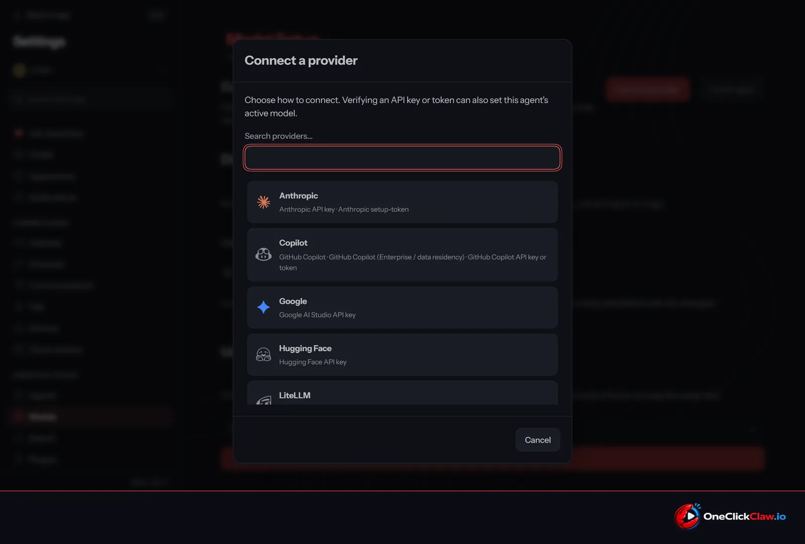 The Connect a provider list in the OpenClaw 2026.10.9 control panel, showing Anthropic, Copilot, Google, Hugging Face and LiteLLM