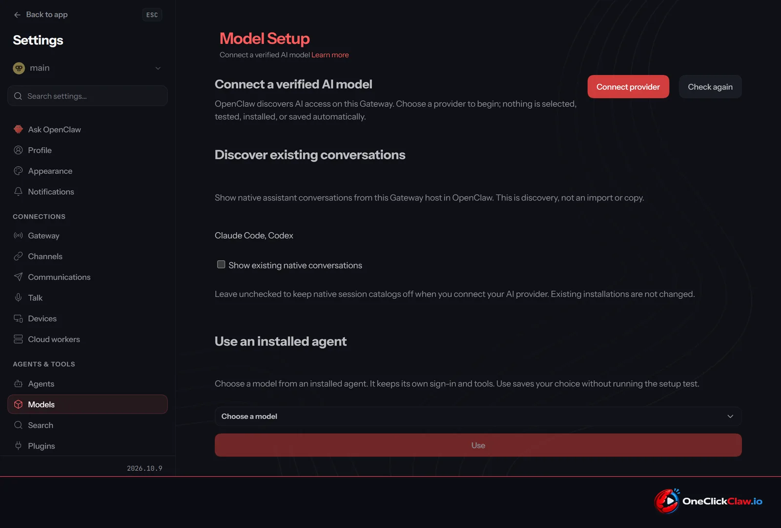 The OpenClaw 2026.10.9 control panel, Model Setup screen, with the version number 2026.10.9 at the bottom of the sidebar