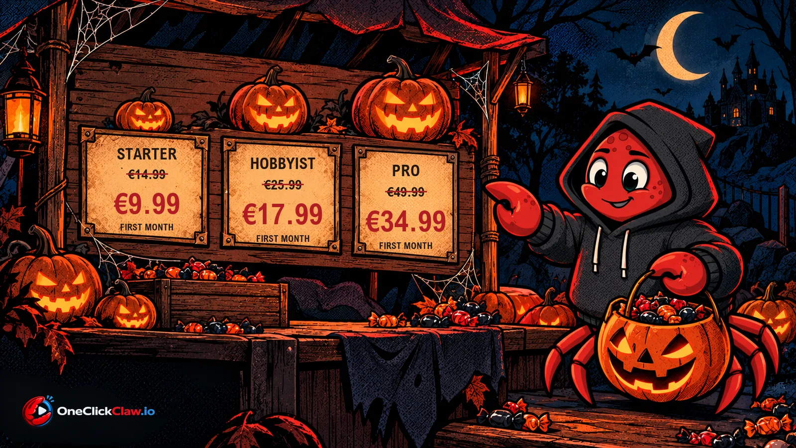 The OpenClaw crab at a Halloween stall with a board of the three first-month prices: Starter 9.99, Hobbyist 17.99, Pro 34.99 euro