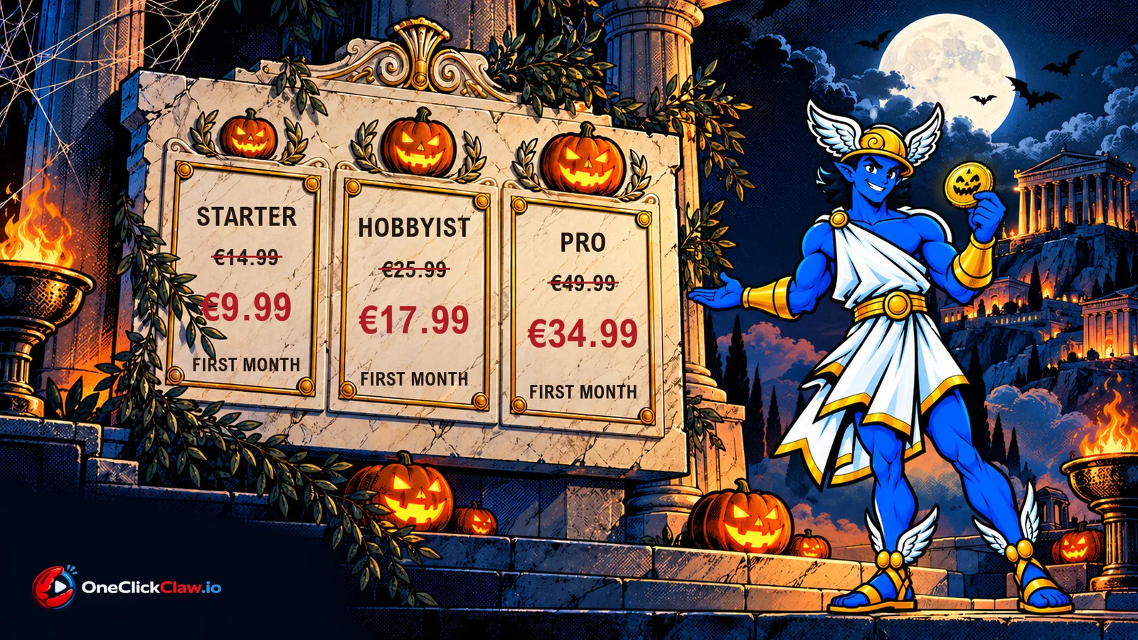 Hermes on Olympus beside a marble board with the same three Halloween prices