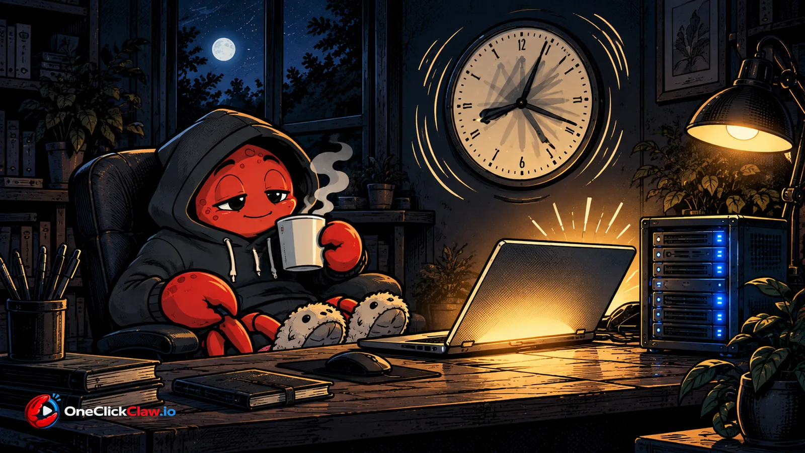 A sleepy OpenClaw crab with a mug of coffee as the wall clock spins forward and a small server keeps glowing