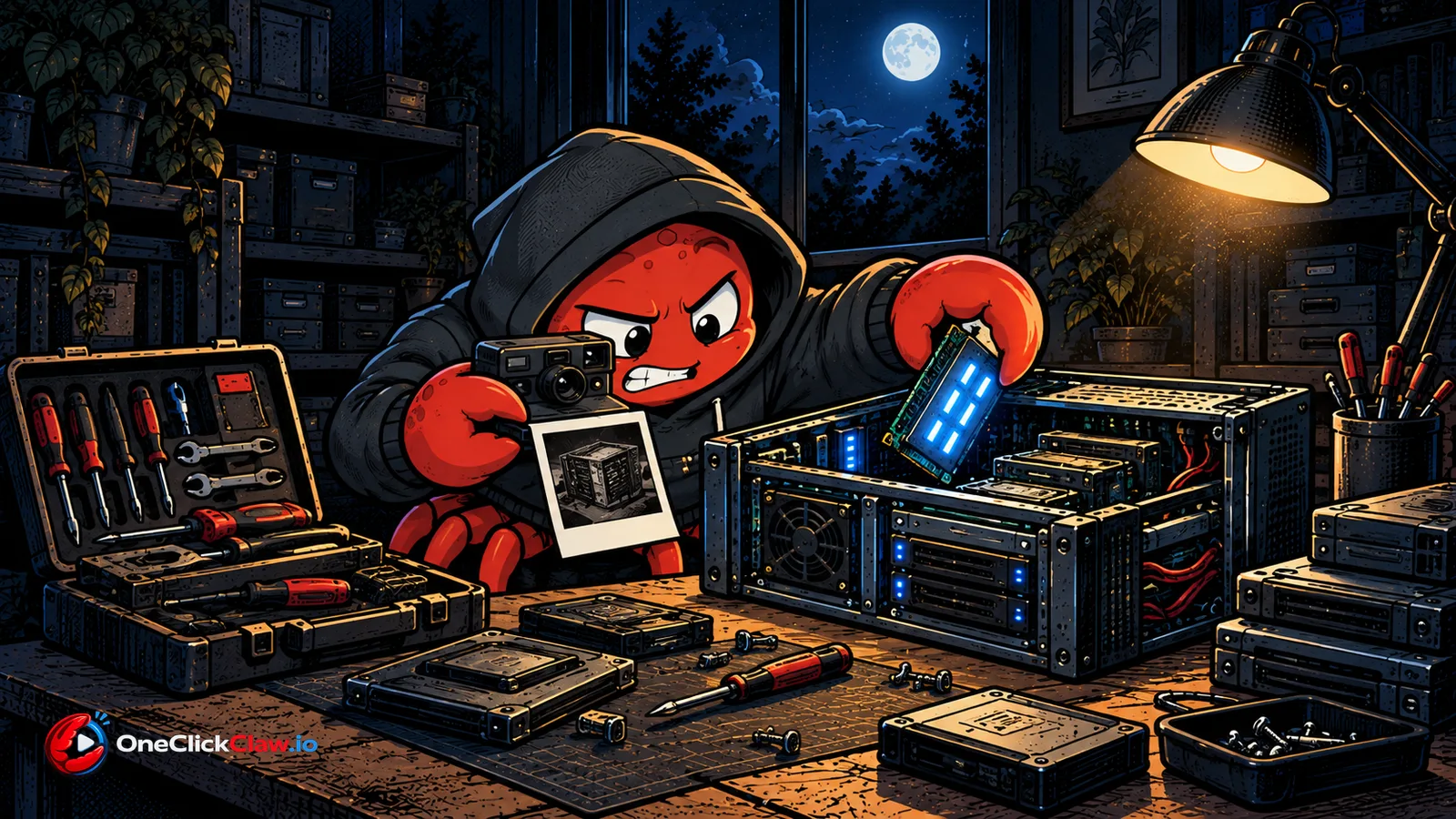 The OpenClaw crab photographs an open server with an instant camera before slotting in a new glowing module